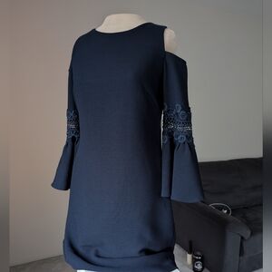 Navy Eliza J Floral Cutout Embroidered Bell Sleeve Dress